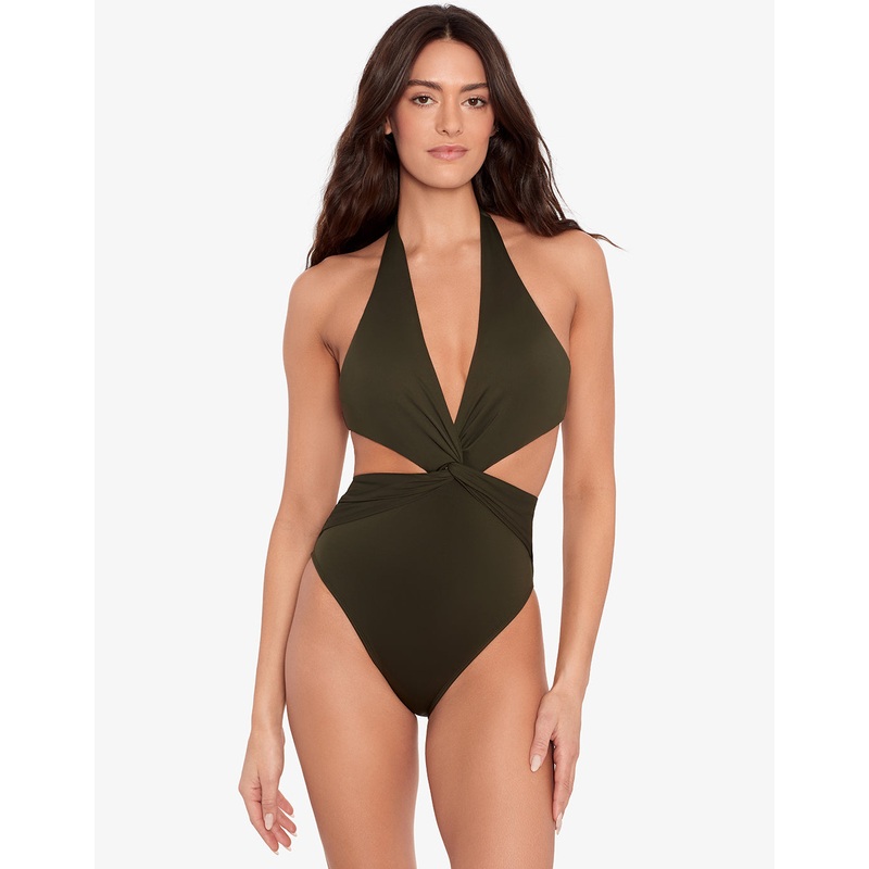 Beach Club Solids Cut Out Halter Swimsuit - Olive