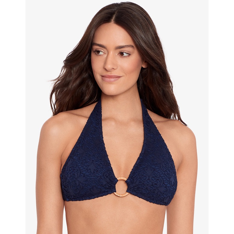 Crochet Rattan Ring Halter Bikini Top - Navy
