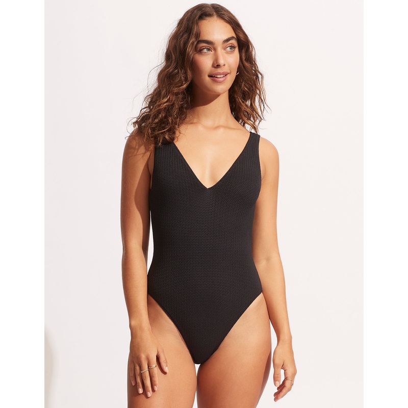Sea Dive Deep V Neck Swimsuit - Black