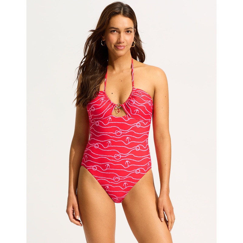 Set Sail Drawstring Halter Swimsuit - Chilli Red