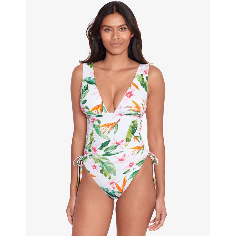 Watercolour Tropical Shirred Plunge Swimsuit - White Multi