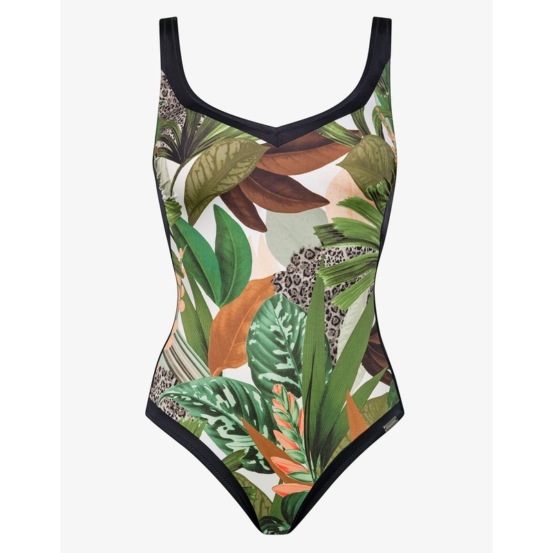Floral Safari Shaped Neck Swimsuit - White Jungle