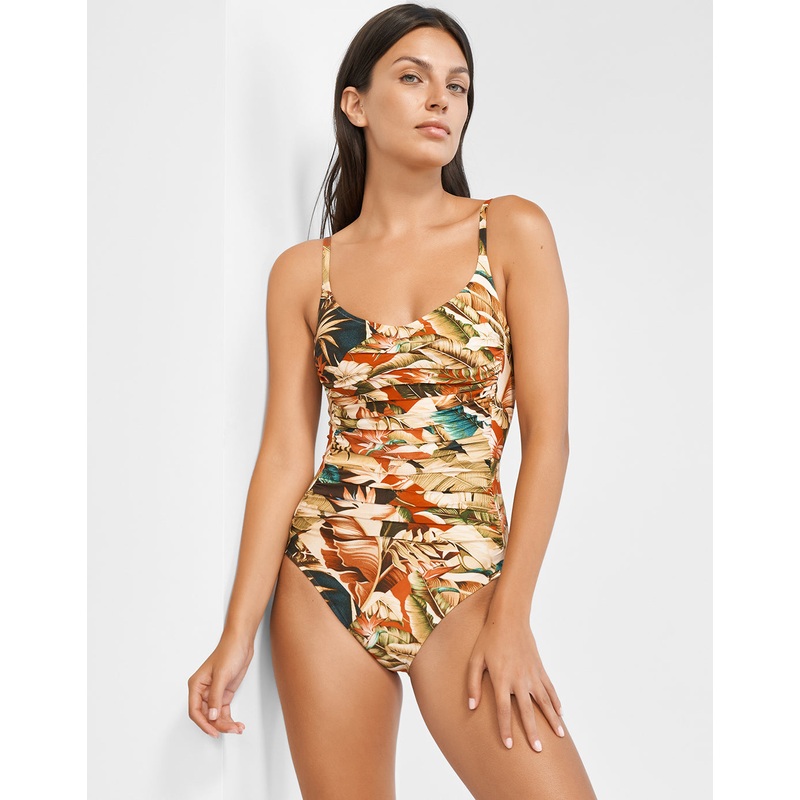 Hypnotic Ruched Underwired Swimsuit - Sepia Leaves