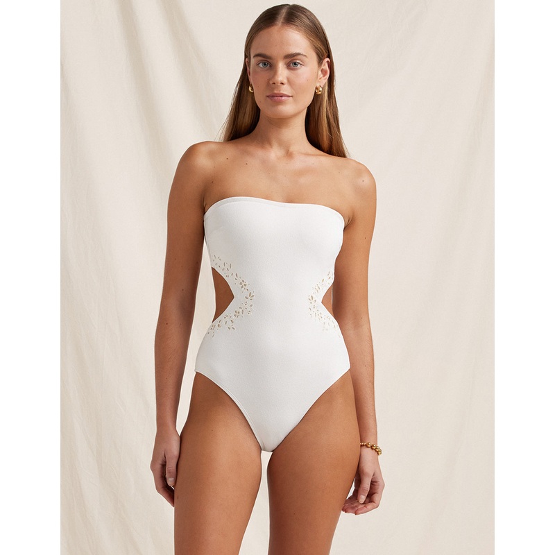 Creme Memoir Embroidered Strapless Swimsuit - White