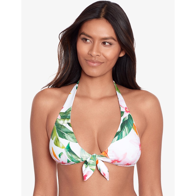 Watercolour Tropical Tie Front Halter Bikini Top - White Multi