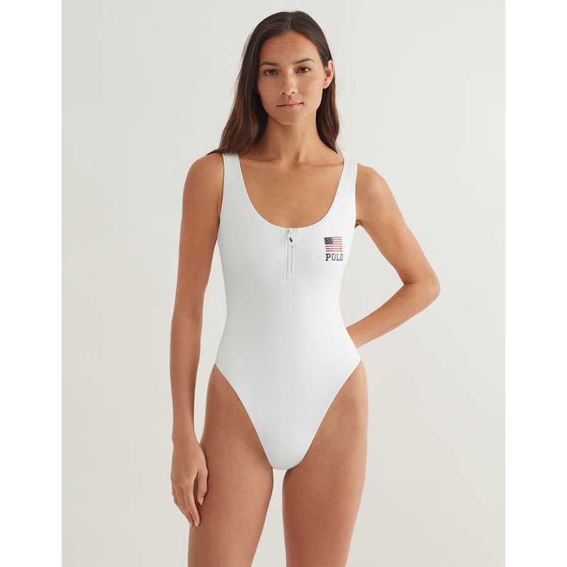 Americana Zipper Scoop Tank Swimsuit - White