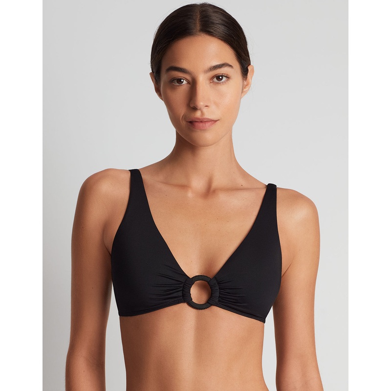 Beach Club Solids Macrame Ring OTS Bikini Top - Black