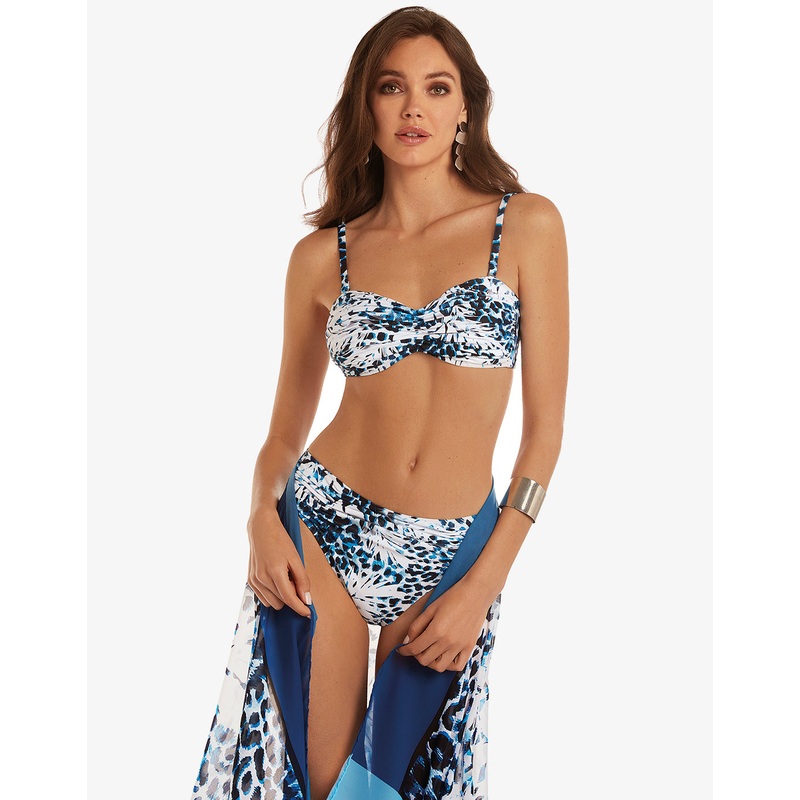 Ethnic Palm Ruched Bandeau Bikini Set - Blue