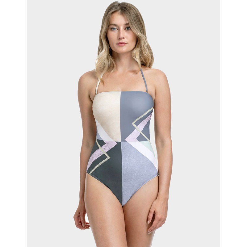 Modern Art Bandeau Swimsuit - Multi Grey