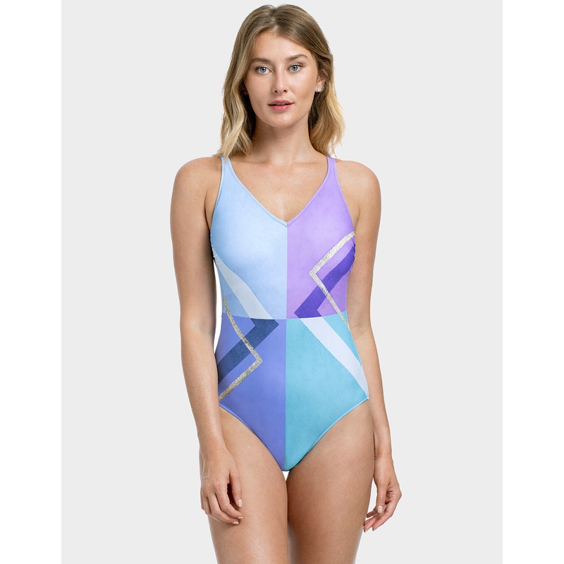 Modern Art V Neck Swimsuit - Multi Blue