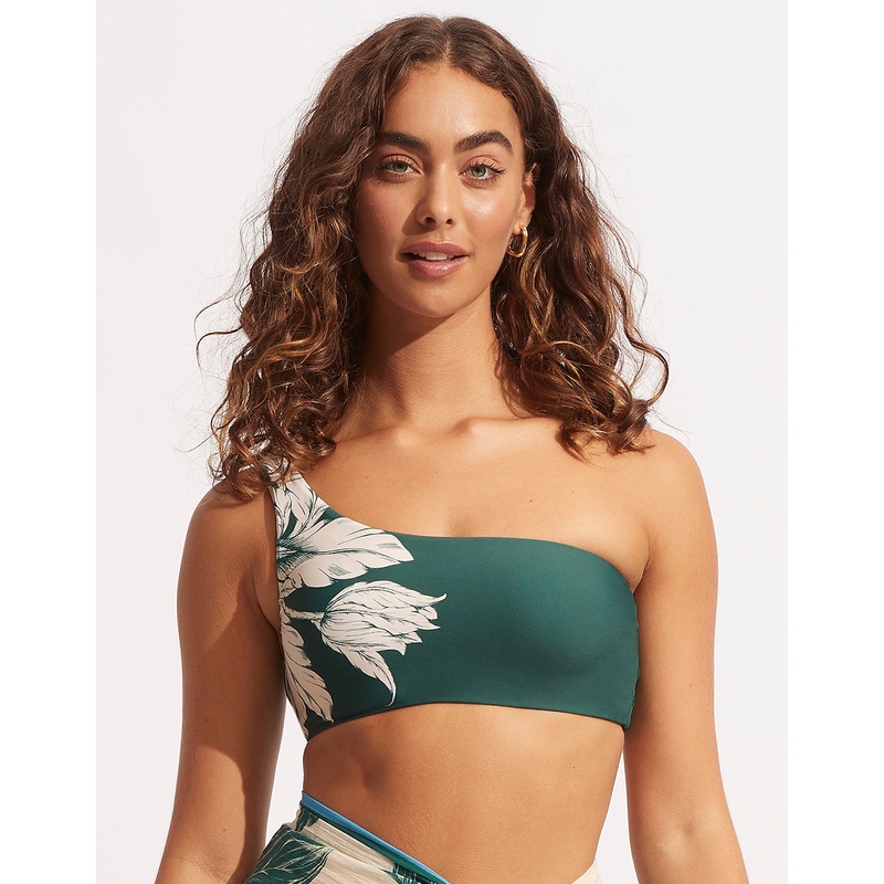 Fleur de Bloom One Shoulder Bikini Top - Evergreen