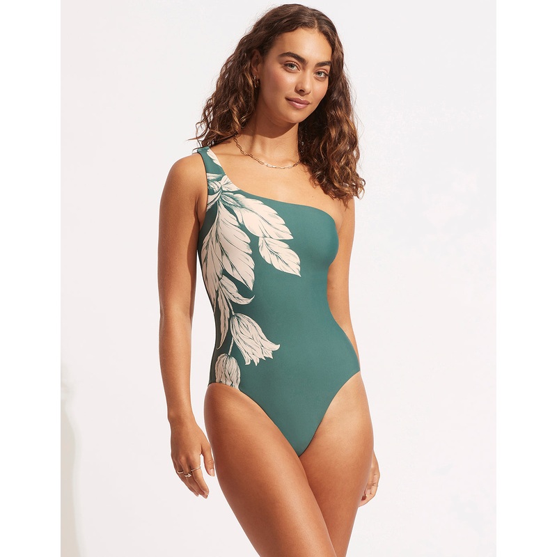 Fleur de Bloom One Shoulder Swimsuit - Evergreen