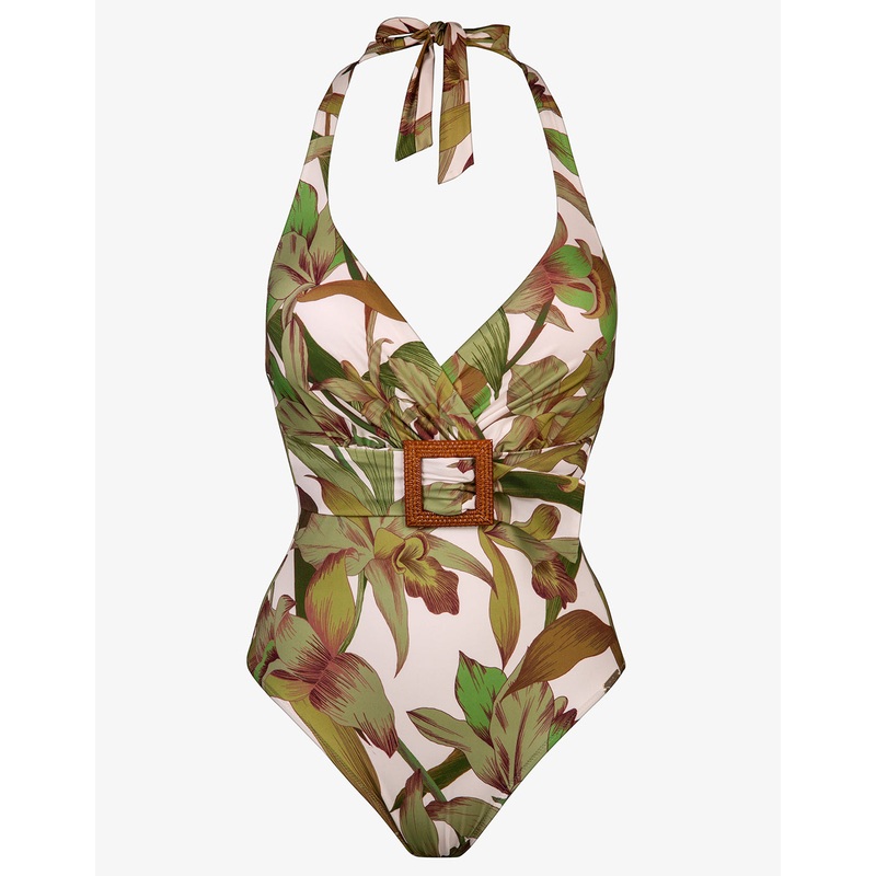 Journey Belted Halterneck Swimsuit - Cream Reed