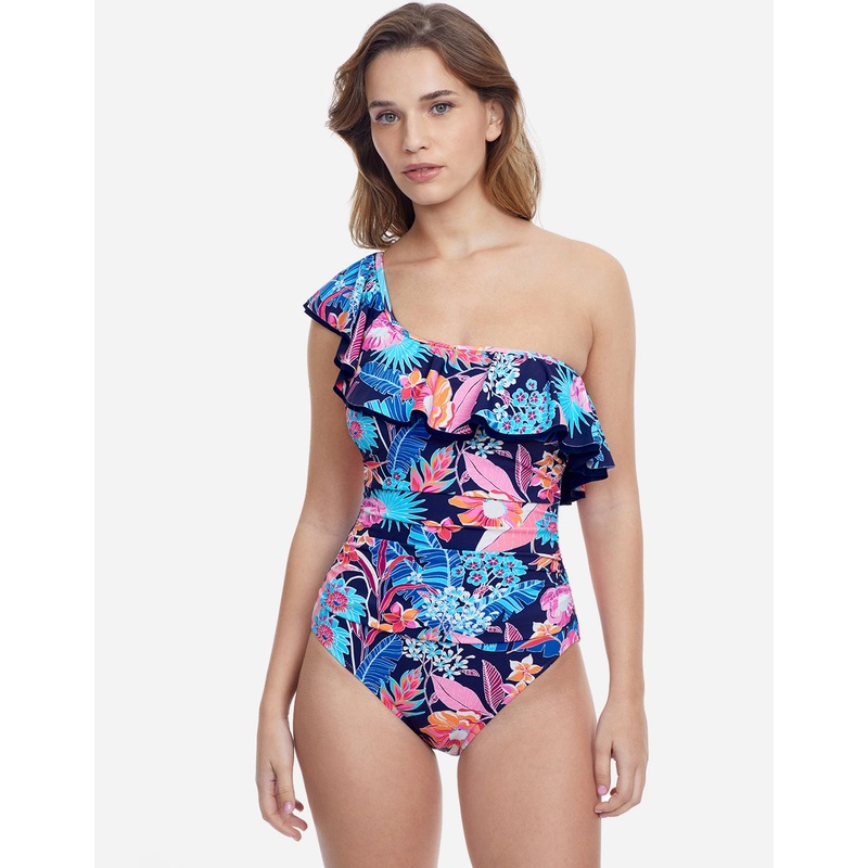 Bohemian Gypsy Ruffle One Shoulder Swimsuit - Navy