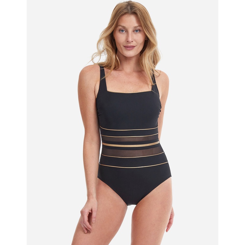 Onyx Square Neck Tank Swimsuit - Black and Gold