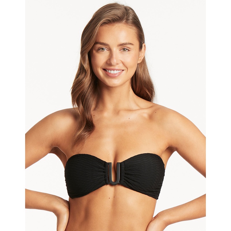 Honeycomb U Bar Bandeau Bikini Top - Black
