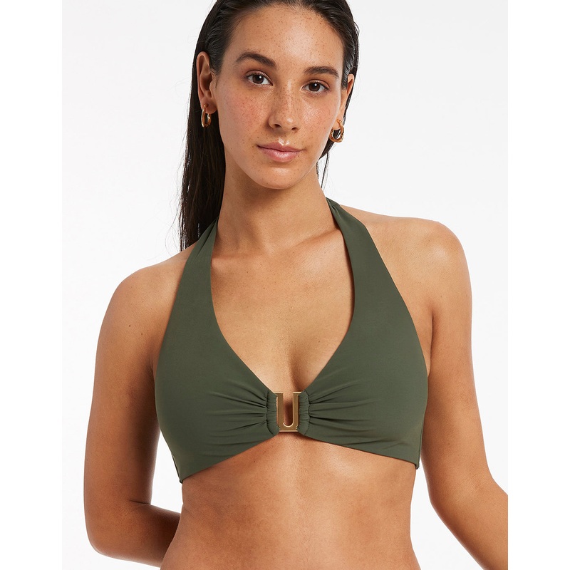 Jetset D DD U Trim Halter Bikini Top - Olive