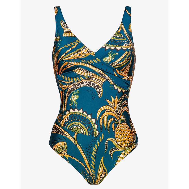 Satin Fruits Wrap Front Swimsuit - Ocean Pineapple