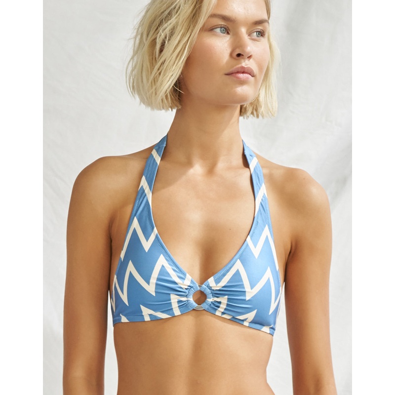 Seaside Vacay Halter Bikini Top - Blue/ White Zig Zag