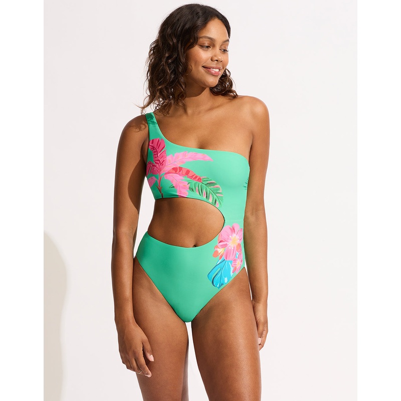 Tropica One Shoulder Cut Out Swimsuit - Jade