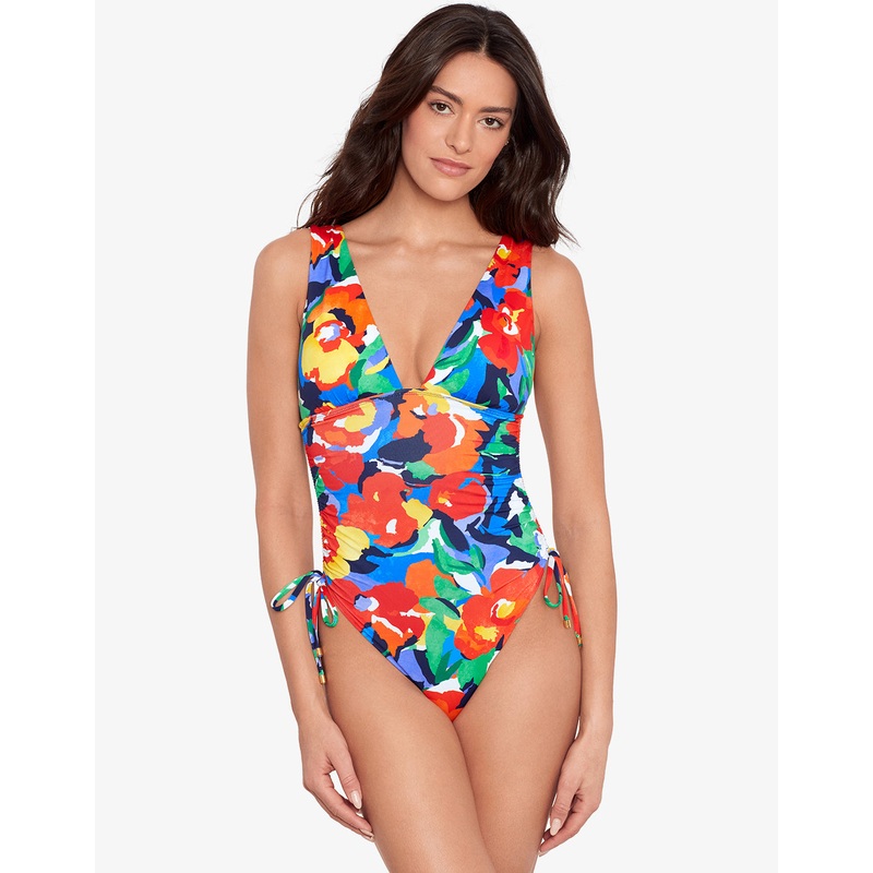Bold Abstract Floral Ruched Plunge Swimsuit