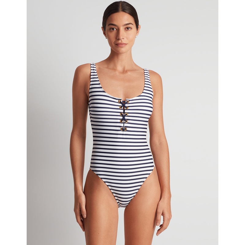 Luxe Stripe Lace Up Swimsuit - Navy White