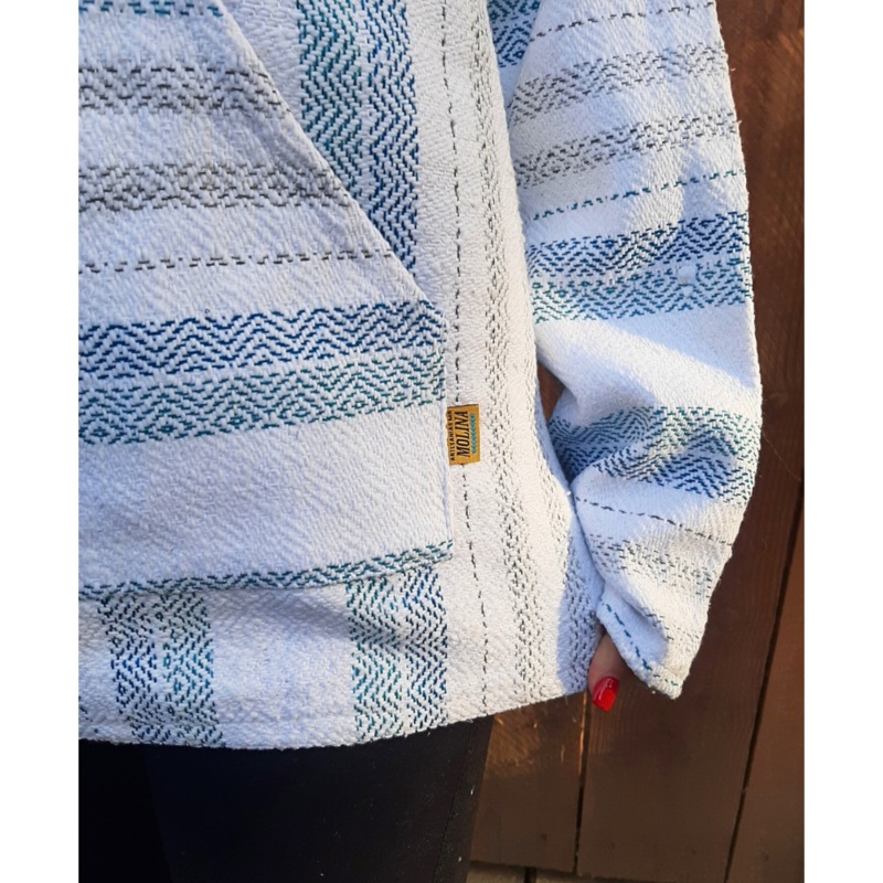 Authentic Baja Hoodie - White w/ Aqua & Blue Stripes - Size Medium