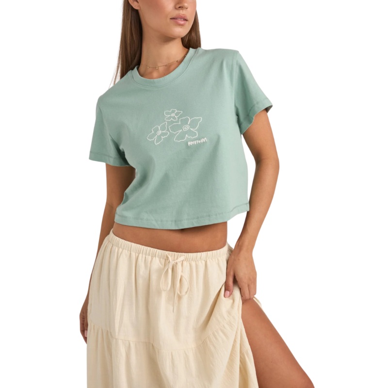 Embroidered Crop Crew Tee - Sage