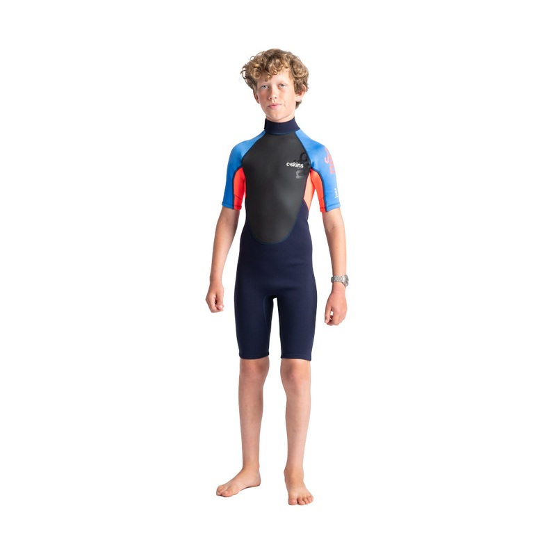 C-Skins Junior Element 3/2mm Shortie -Slate Navy/Flo Red/Blue Tie